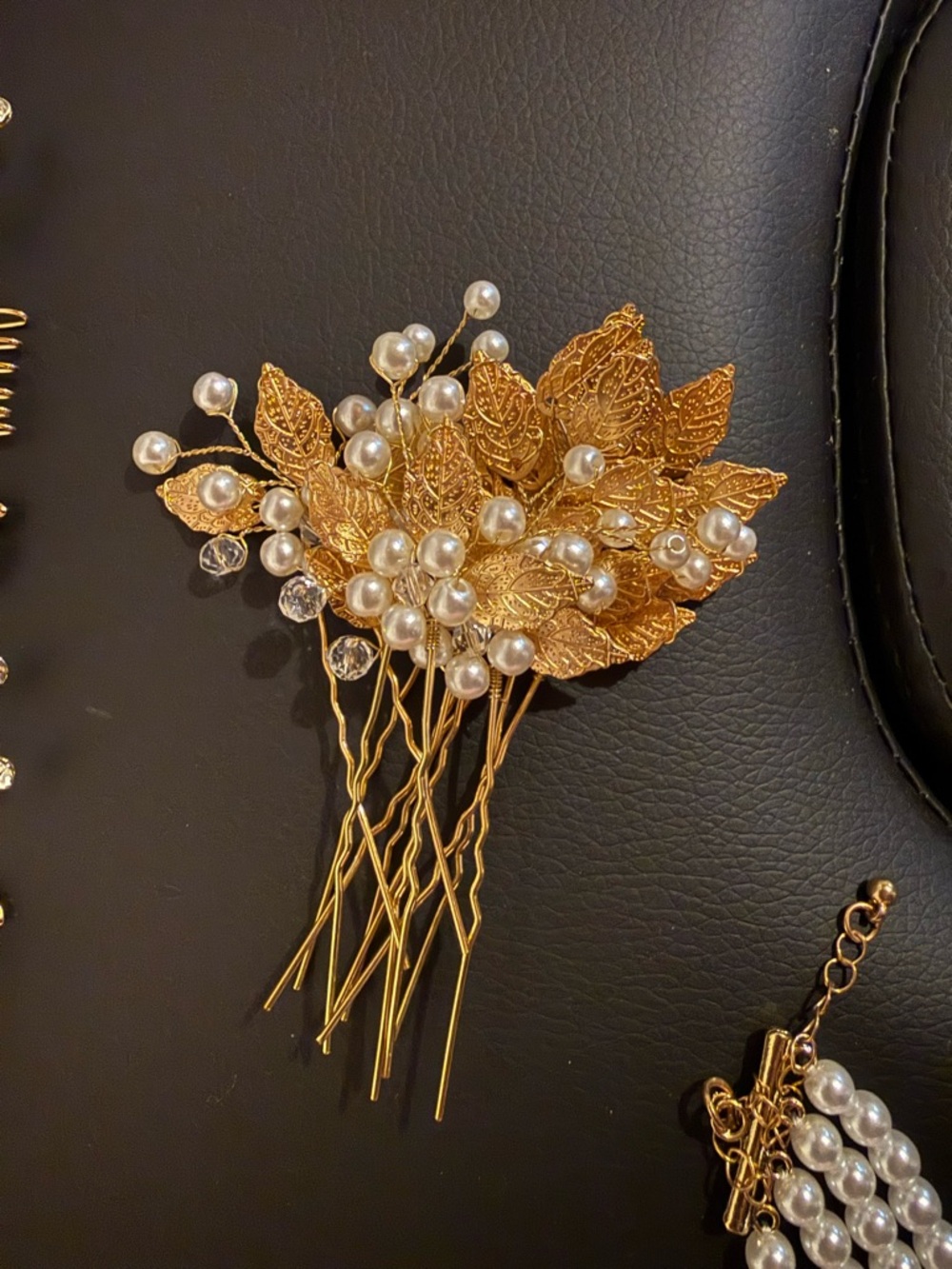 Gold Leaf and Pearl Hair Pin Cluster - Elegant Women's Hair Accessory